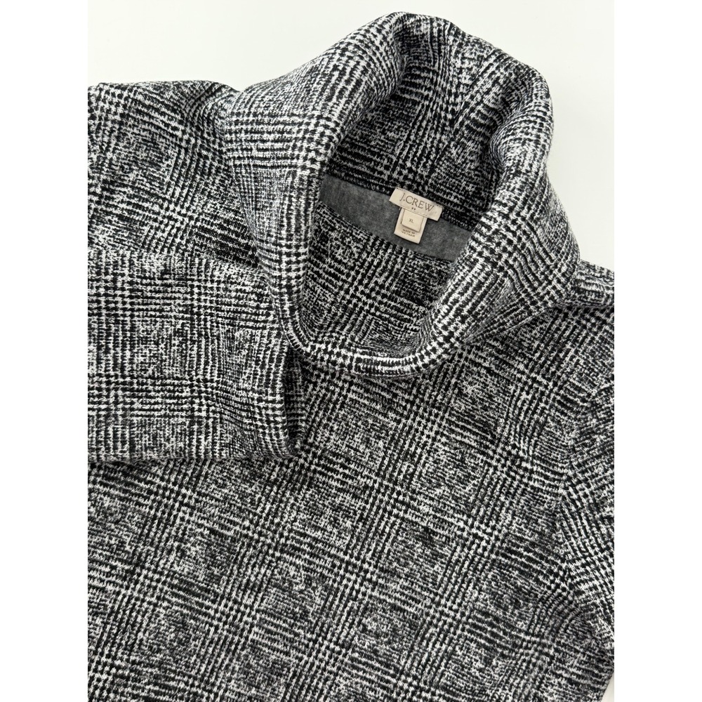 J.Crew Womens XL Glen Plaid Cowl Neck Fleece Pullover Sweater Black White H1549